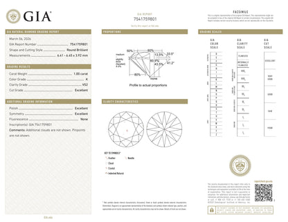 Natürlicher Diamant 1.00 ct Rund Brillant GIA Zertifikat K/VS2
